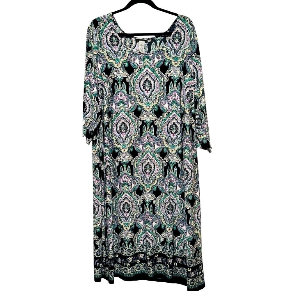Catherines Womens 2X Long Sleeve Paisley Shift Dress Green Purple Liquid Knit - Picture 2 of 8
